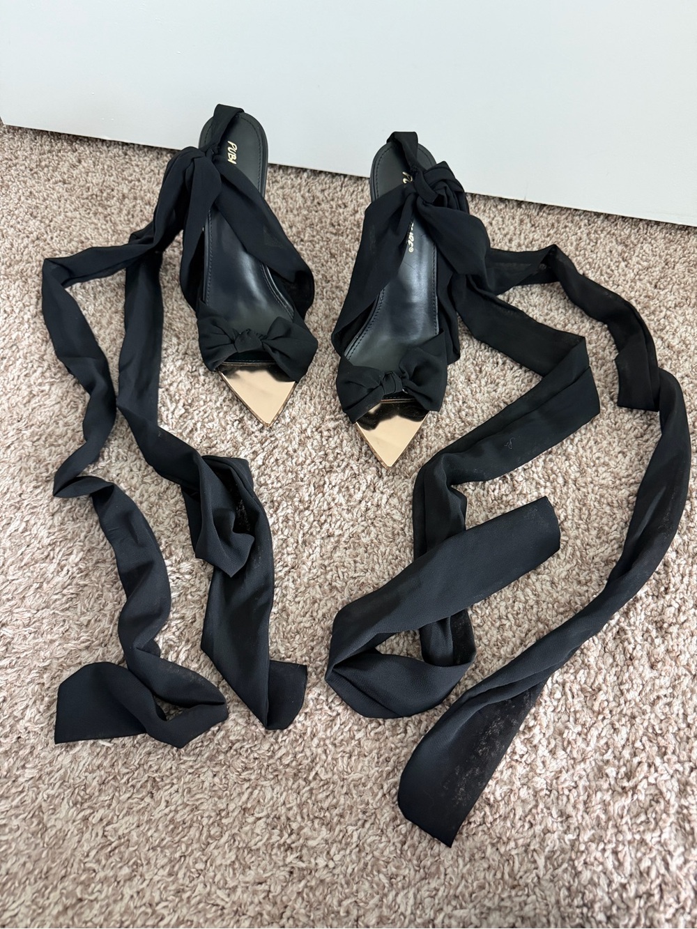 Public Desire Black Pointed Toe Bow Lace-Up Heels with Gold Cap
